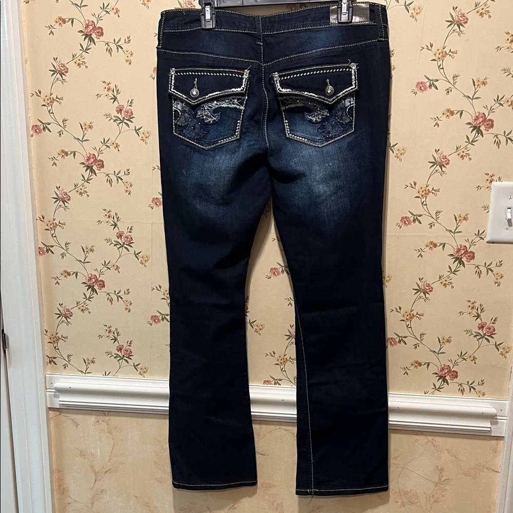 Hydraulic Dark Blue Micro Boot Leg Jeans with Embellished Pockets